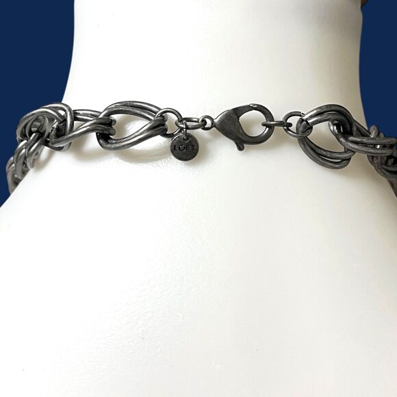 LOFT Chunky Rhinestone Statement Necklace Silver Tone Chain Ribbon Cord Braided - Picture 2 of 9